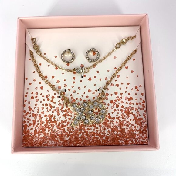 Rampage XO Double Strand Necklace & Earring Boxed Set Goldtone Rhinestone 16-18" - Picture 3 of 5